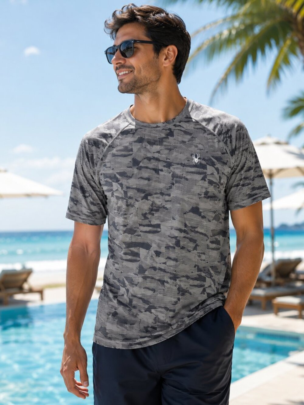 Spyder Rash Guard Swim Shirt Mens Large Gray Camo UPF 30+ Quick Dry NWT